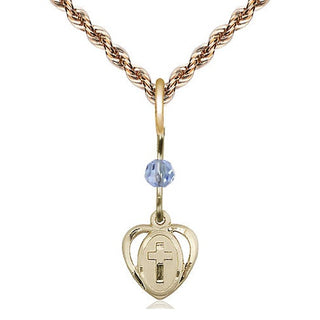 14kt Gold Heart Cross Medal with a Light Sapphire bead Engraved Catholic Saint Jewelry