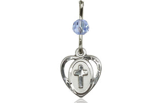 Sterling Silver Heart Cross Medal with a Light Sapphire bead Engraved Catholic Saint Jewelry