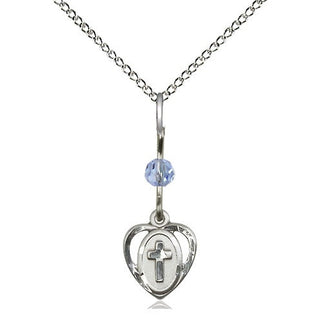 Sterling Silver Heart Cross Medal | Light Sapphire bead Religious and Catholic Jewelry Engraved Catholic Saint Jewelry