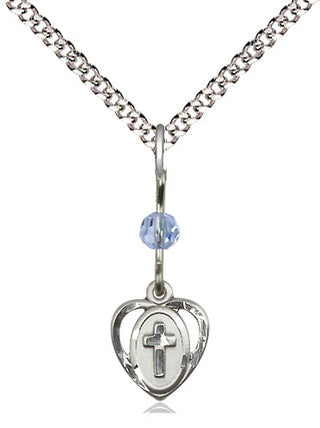 Sterling Silver Heart Cross Medal | Light Sapphire bead Religious and Catholic Jewelry Engraved Catholic Saint Jewelry