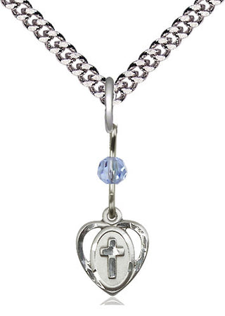 Sterling Silver Heart Cross Medal | Light Sapphire bead Religious and Catholic Jewelry Engraved Catholic Saint Jewelry