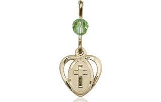 14kt Gold Heart Cross Medal with a Peridot bead Engraved Catholic Saint Jewelry