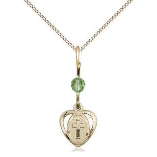 14kt Gold Heart Cross Medal with a Peridot bead Engraved Catholic Saint Jewelry