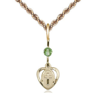 14kt Gold Heart Cross Medal with a Peridot bead Engraved Catholic Saint Jewelry