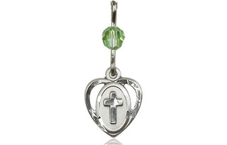 Sterling Silver Heart Cross Medal with a Peridot bead Engraved Catholic Saint Jewelry