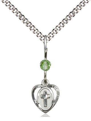 Sterling Silver Heart Cross Medal | Peridot bead Religious and Catholic Jewelry Engraved Catholic Saint Jewelry