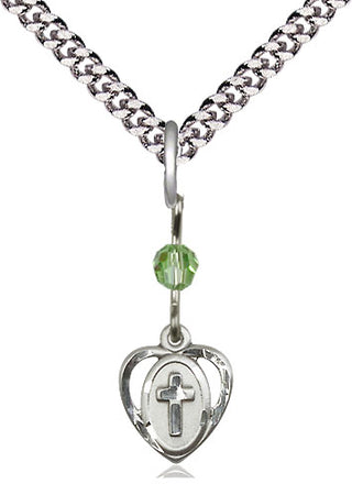 Sterling Silver Heart Cross Medal | Peridot bead Religious and Catholic Jewelry Engraved Catholic Saint Jewelry
