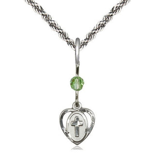 Sterling Silver Heart Cross Medal | Peridot bead Religious and Catholic Jewelry Engraved Catholic Saint Jewelry