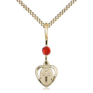 14kt Gold Filled Heart Cross Medal | Ruby bead Religious and Catholic Jewelry Engraved Catholic Saint Jewelry