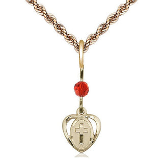14kt Gold Filled Heart Cross Medal | Ruby bead Religious and Catholic Jewelry Engraved Catholic Saint Jewelry