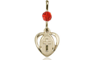 14kt Gold Heart Cross Medal with a Ruby bead Engraved Catholic Saint Jewelry