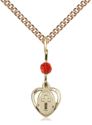 14kt Gold Heart Cross Medal with a Ruby bead Engraved Catholic Saint Jewelry