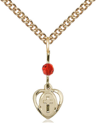 14kt Gold Heart Cross Medal with a Ruby bead Engraved Catholic Saint Jewelry