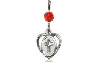 Sterling Silver Heart Cross Medal with a Ruby bead Engraved Catholic Saint Jewelry