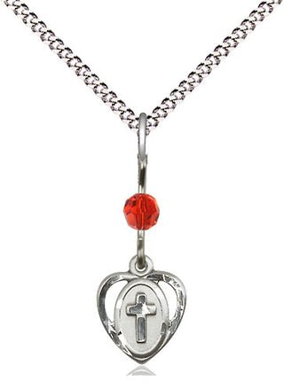 Sterling Silver Heart Cross Medal | Ruby bead Religious and Catholic Jewelry Engraved Catholic Saint Jewelry