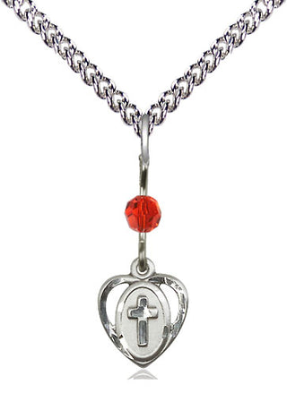 Sterling Silver Heart Cross Medal | Ruby bead Religious and Catholic Jewelry Engraved Catholic Saint Jewelry