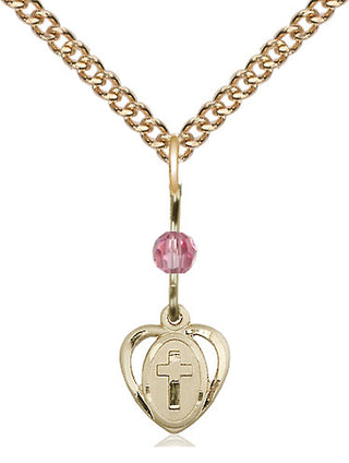 14kt Gold Filled Heart Cross Medal | Rose bead Religious and Catholic Jewelry Engraved Catholic Saint Jewelry
