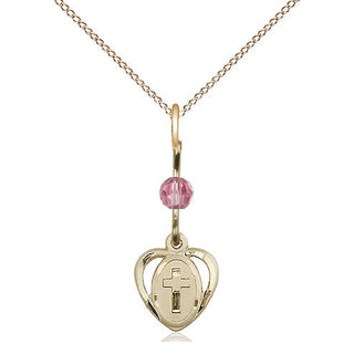 14kt Gold Heart Cross Medal with a Rose bead Engraved Catholic Saint Jewelry