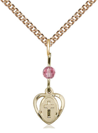 14kt Gold Heart Cross Medal with a Rose bead Engraved Catholic Saint Jewelry