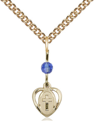 14kt Gold Filled Heart Cross Medal | Sapphire bead Religious and Catholic Jewelry Engraved Catholic Saint Jewelry