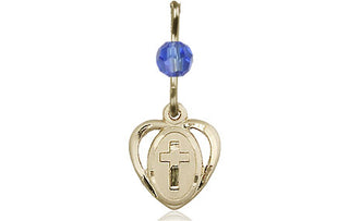 14kt Gold Heart Cross Medal with a Sapphire bead Engraved Catholic Saint Jewelry