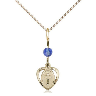 14kt Gold Heart Cross Medal with a Sapphire bead Engraved Catholic Saint Jewelry