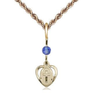 14kt Gold Heart Cross Medal with a Sapphire bead Engraved Catholic Saint Jewelry