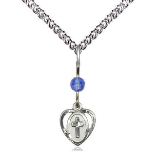 Sterling Silver Heart Cross Medal | Sapphire bead Religious and Catholic Jewelry Engraved Catholic Saint Jewelry