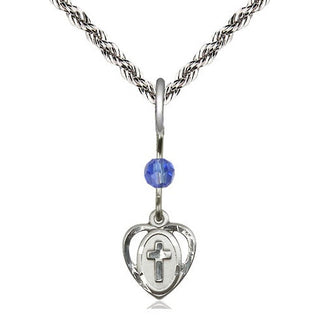 Sterling Silver Heart Cross Medal | Sapphire bead Religious and Catholic Jewelry Engraved Catholic Saint Jewelry