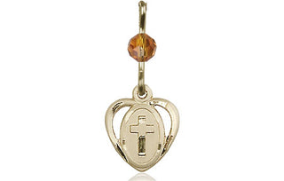 14kt Gold Filled Heart Cross Medal with a Topaz bead Engraved Catholic Saint Jewelry