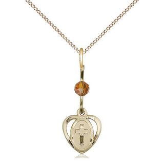 14kt Gold Filled Heart Cross Medal | Topaz bead Religious and Catholic Jewelry Engraved Catholic Saint Jewelry