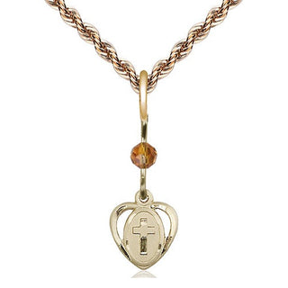 14kt Gold Filled Heart Cross Medal | Topaz bead Religious and Catholic Jewelry Engraved Catholic Saint Jewelry