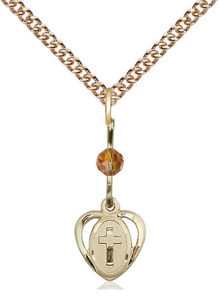 14kt Gold Heart Cross Medal with a Topaz bead Engraved Catholic Saint Jewelry