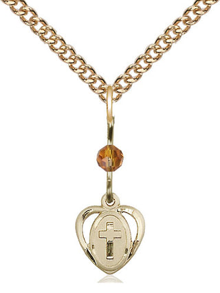 14kt Gold Heart Cross Medal with a Topaz bead Engraved Catholic Saint Jewelry