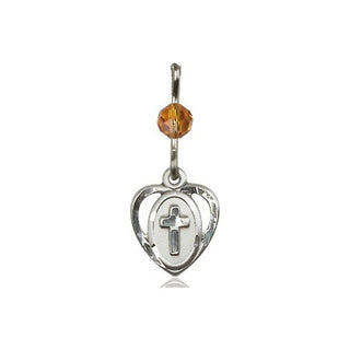 Sterling Silver Heart Cross Medal with a Topaz bead Engraved Catholic Saint Jewelry