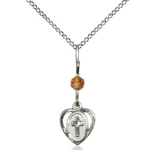 Sterling Silver Heart Cross Medal | Topaz bead Religious and Catholic Jewelry Engraved Catholic Saint Jewelry