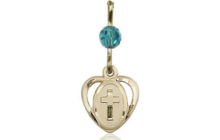 14kt Gold Heart Cross Medal with a Zircon bead Engraved Catholic Saint Jewelry