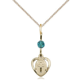 14kt Gold Heart Cross Medal with a Zircon bead Engraved Catholic Saint Jewelry