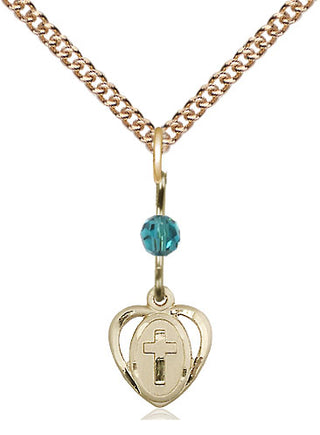 14kt Gold Heart Cross Medal with a Zircon bead Engraved Catholic Saint Jewelry
