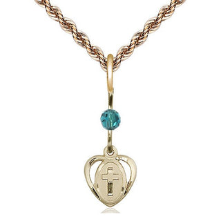 14kt Gold Heart Cross Medal with a Zircon bead Engraved Catholic Saint Jewelry