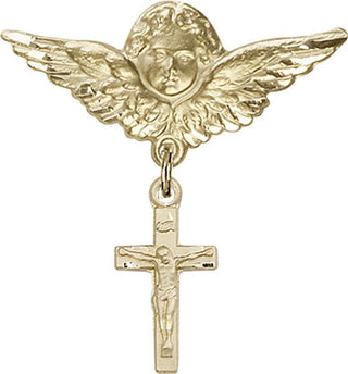 14kt Gold Large Angel w/Wings Crucifix Baby Badge