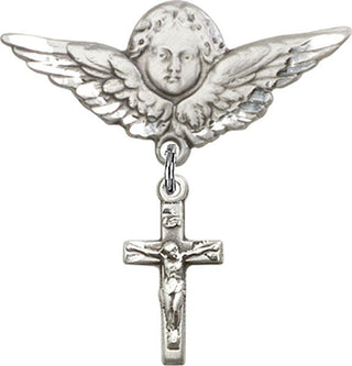 Sterling Silver Large Angel w/Wings Crucifix Baby Badge
