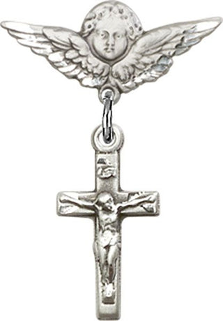 Sterling Silver Small Angel w/Wings Crucifix Baby Badge