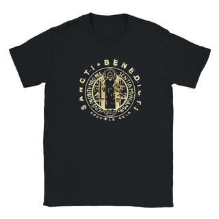 St. Benedict Medal Gold on Black T-Shirt - view 2