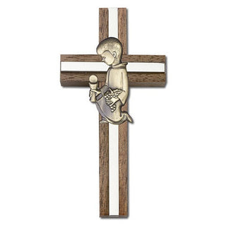 4 inch Communion Boy Cross, Walnut with Antique Gold inlay