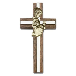 4 inch Communion Girl Cross, Walnut with Antique Gold inlay