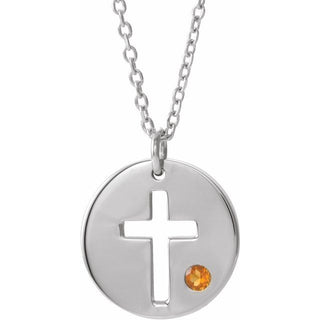 14K White Natural Citrine Pierced Cross Disc 16-18" Necklace