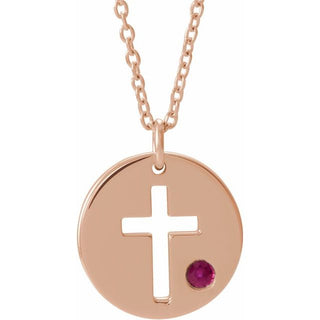 14K Rose Natural Ruby Pierced Cross Disc 16-18" Necklace