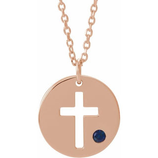 14K Rose Natural Sapphire Pierced Cross Disc 16-18" Necklace
