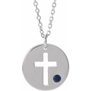 14K White Natural Sapphire Pierced Cross Disc 16-18" Necklace